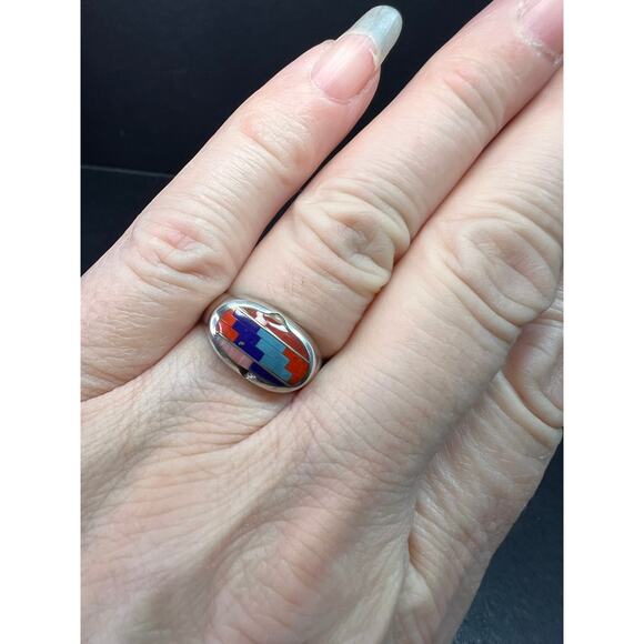 Vintage dead stock 925 Sterling Silver Southwest Mosaic Inlay Ring Size 7 - Picture 5 of 15